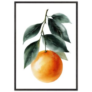 A vibrant orange watercolor painting featuring a single orange fruit hanging from a branch with green leaves, framed in a simple black border.