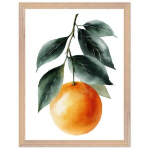 A framed art print featuring a realistic orange hanging from a branch with green leaves, set against a white background.