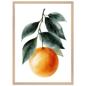 A vibrant orange watercolor illustration featuring a single orange fruit hanging from a branch with green leaves, framed in a light wooden frame.