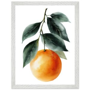 A vibrant orange watercolor illustration featuring a single orange fruit hanging from green leaves, framed in a light wood border against a white background.