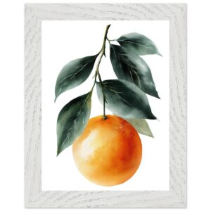 A vibrant orange watercolor art print featuring a single orange fruit hanging from green leaves, framed in a textured white frame.