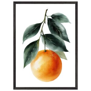 A vibrant orange watercolor illustration of an orange fruit hanging from green leaves, framed in a simple black border against a white background.