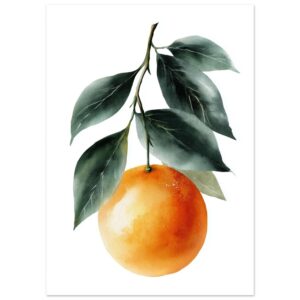 A vibrant orange fruit hangs from a branch with green leaves, depicted in a watercolor style against a white background.