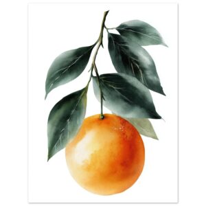 A round orange hangs from a branch with green leaves, featuring soft watercolor textures and subtle shading that highlight the fruit's natural form and color.