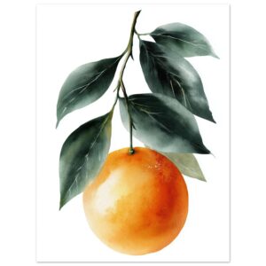 A vibrant orange fruit hangs from a slender branch with green leaves, depicted in a watercolor style against a white background.