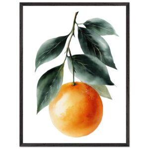 A vibrant orange fruit hangs from a branch with green leaves, depicted in a watercolor style against a white background, framed in black.