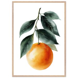 A vibrant orange watercolor illustration featuring a single orange fruit hanging from a branch with green leaves, framed in a light wood frame against a white background.