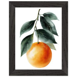A vibrant orange fruit hangs from a branch with green leaves, depicted in a watercolor style, framed in a black wooden frame.